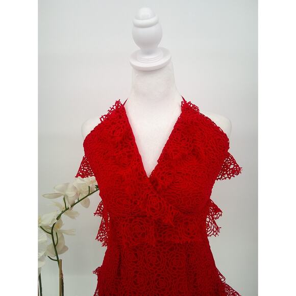 Selfie Leslie Womens Red Floral Crochet Ruffle Lined Fairy Mini Dress Size M - Picture 2 of 10